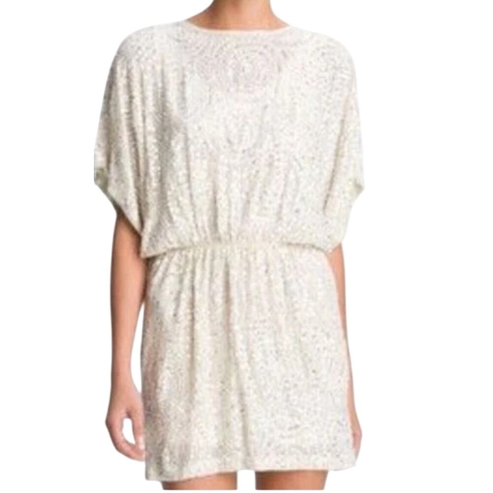 Alexia Admor Ivory Beaded Sequin Dolman Short Sleeve Silk Mini Dress size S / M